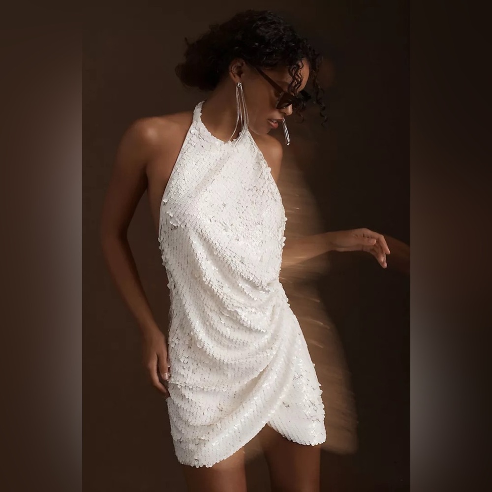 Ronny Kobo Jo Halter Sequin Ruched Open-Back Mini Dress